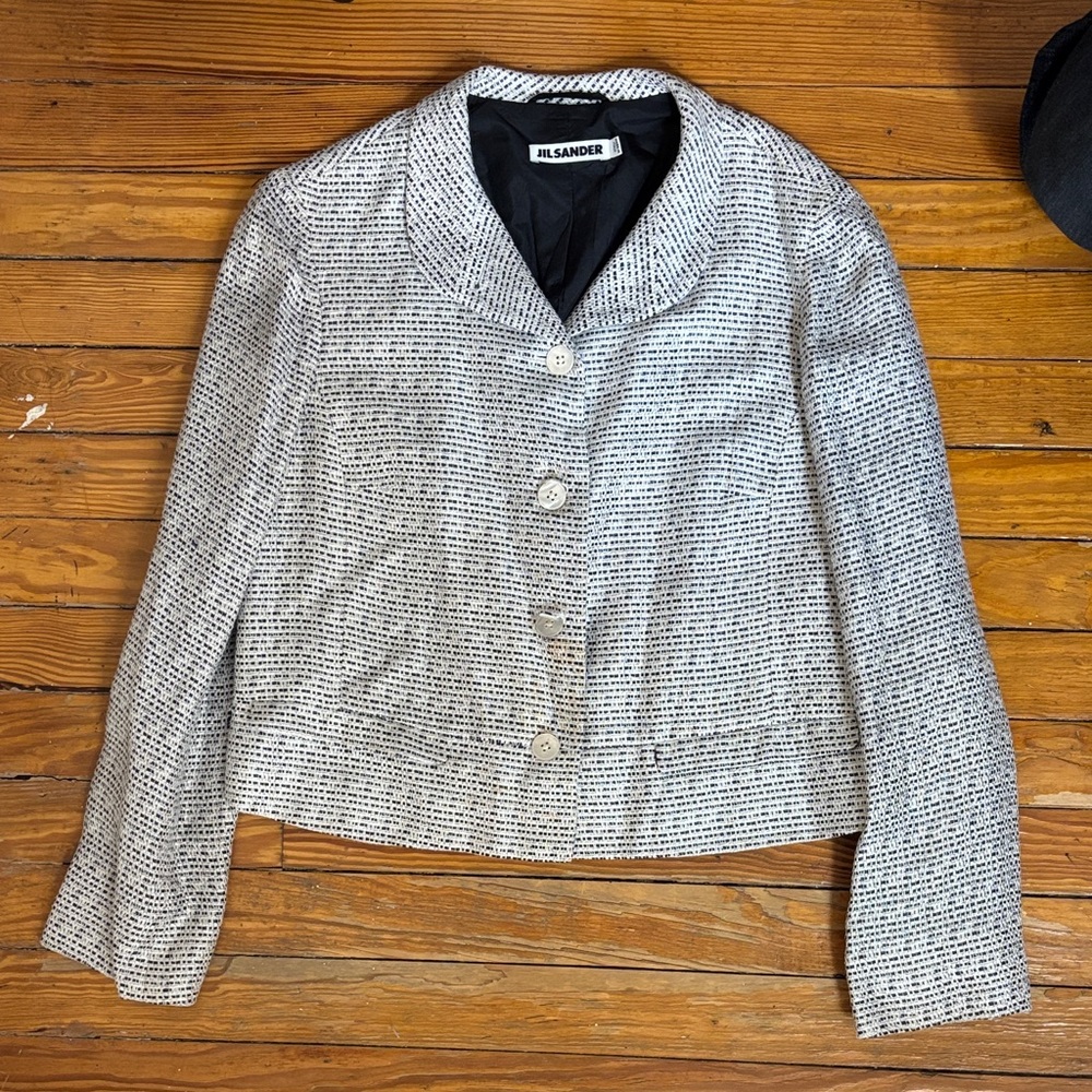 Jil Sander Black and White Tweed Button-Front Blazer